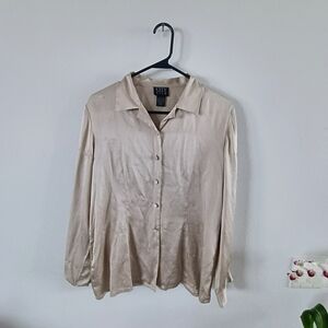 City Silk 100% Silk Button Up Blouse Womens L Beige Long Sleeve Collared Top